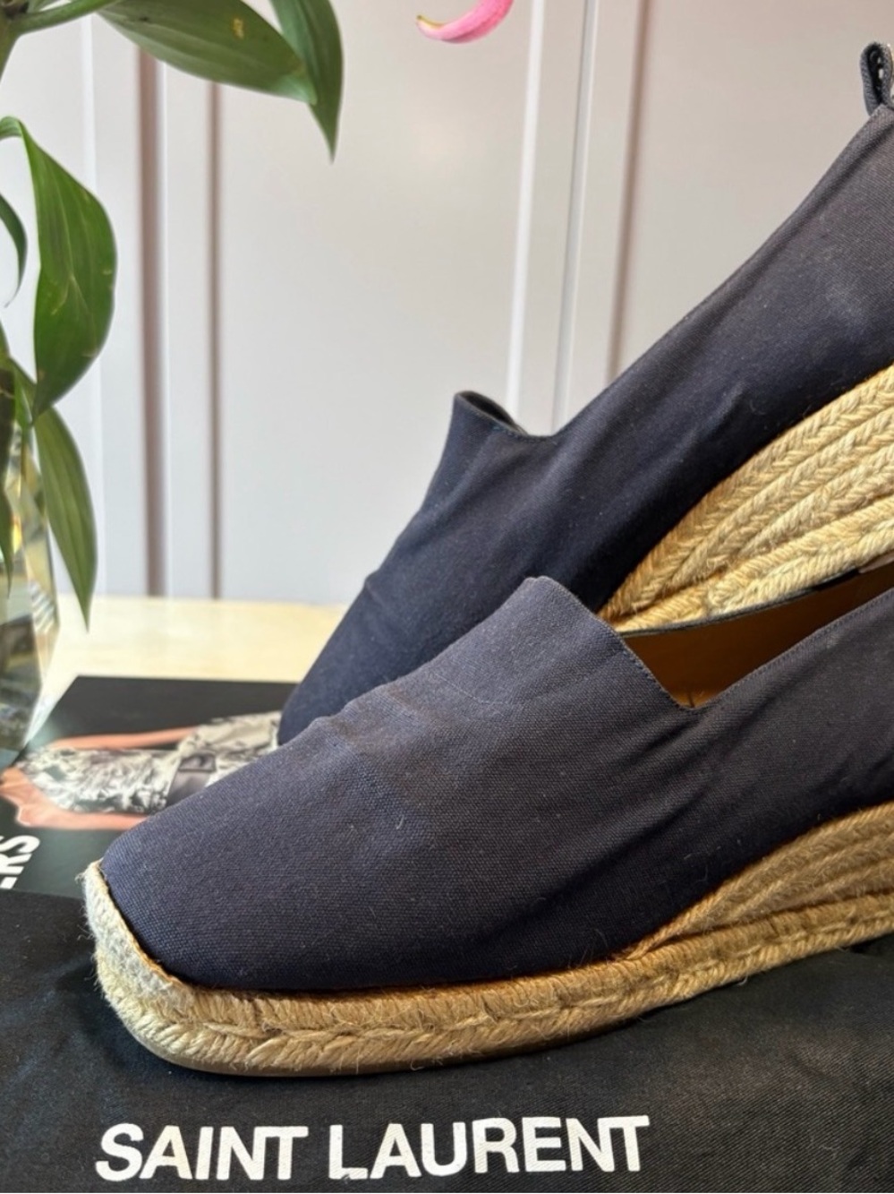 Saint Laurent Black Canvas Espadrille Wedge with Braided Jute Sole